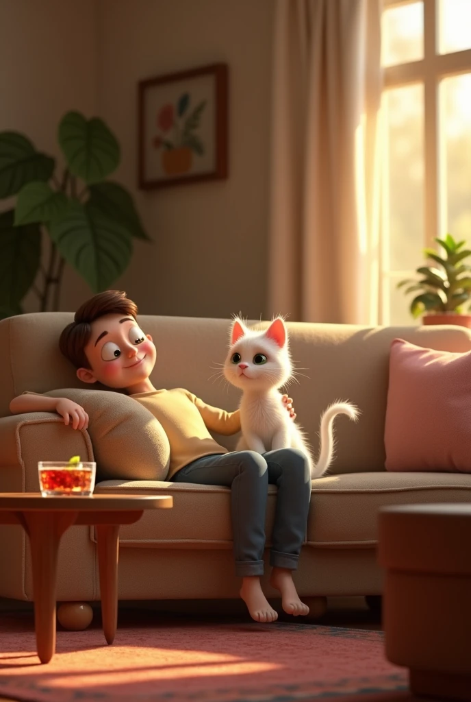 A cozy living room with the cat's owner sitting on a couch and a mysterious drink on the table. White cat Pixar style