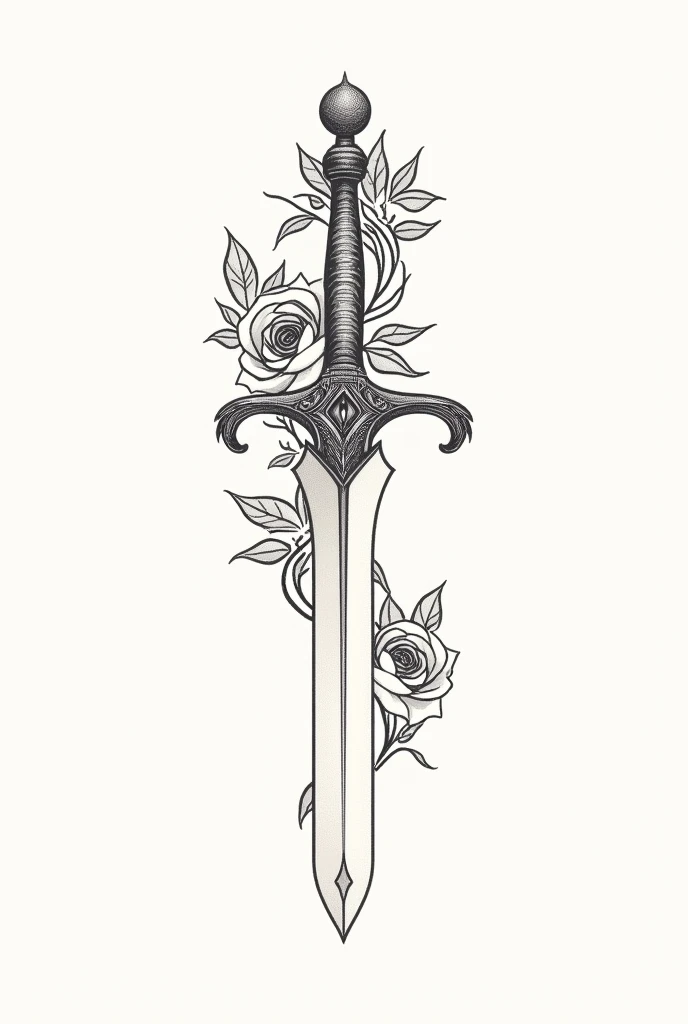 simple linework tattoo of medusa on top of a sword with roses around it with no shading