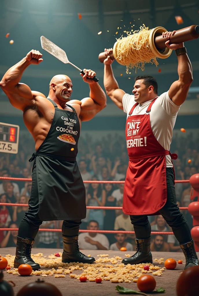 In this humorous scene, characters resembling Dwayne Johnson and John Cena are in a chaotic kitchen that looks like a wrestling ring. The floor is littered with ingredients—flour, eggs, vegetables—like confetti after a match.
- **Dwayne's Character**: He’s wearing an apron with the slogan "Can You Smell What I'm Cooking?" and is holding a giant spatula like a wrestling chair. He’s flexing his muscles dramatically, with a determined yet playful look on his face. His chef hat is comically small, almost falling off his head.
- **John’s Character**: John Cena's look-alike is wearing an apron that says "You Can't See My Recipe!" He’s holding an oversized rolling pin as if it were a championship belt, raising it triumphantly. His face is locked in a classic Cena expression, with a wide grin and a knowing wink to the audience.
- **Background**: The kitchen is set up like a wrestling ring, with ropes made of sausages and turnbuckles made from stacked pancakes. Pots and pans hang from the ceiling like championship belts, and there’s even a referee's bell made from a big mixing bowl and a ladle.
- **Details**: The characters could be mid-action, with food flying through the air—perhaps Dwayne’s character is flipping a pancake the size of a pizza, while John’s character is tossing a massive bowl of salad like he’s body-slamming it. In the background, there might be a scoreboard showing scores like “Taste: 10/10, Technique: 2