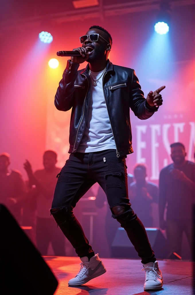 Fally Ipupa Fally Ipupa is a singer, dancer, and Congolese philanthropist known for his music and captivating style. If you would like a detailed prompt involving Fally Ipupa, could be something like:

"Fally Ipupa, a renowned Congolese musician, is shown on a vibrant stage, wrapped in colored lights and smoke effects. He is dressed in a stylish black leather jacket and a tight white t-shirt., complementing with distressed jeans and modern shoes. Fally holds a microphone firmly, expressing passion and energy while singing. The stage is decorated with elements of Congolese culture, and the audience is excited, applauding and dancing to their music. The lighting is dynamic, highlighting his charismatic dance moves and magnetic stage presence. The scene captures the essence of a live performance, full of life and emotion."
