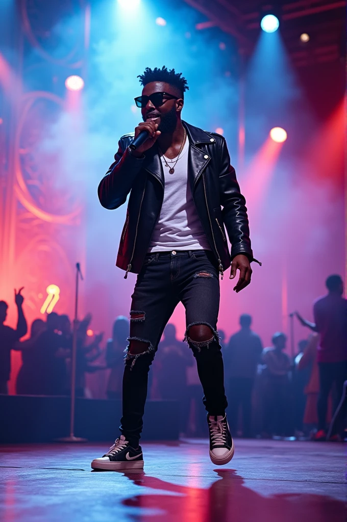 Fally Ipupa Fally Ipupa is a singer, dancer, and Congolese philanthropist known for his music and captivating style. If you would like a detailed prompt involving Fally Ipupa, could be something like:
"Fally Ipupa, a renowned Congolese musician, is shown on a vibrant stage, wrapped in colored lights and smoke effects. He is dressed in a stylish black leather jacket and a tight white t-shirt., complementing with distressed jeans and modern shoes. Fally holds a microphone firmly, expressing passion and energy while singing. The stage is decorated with elements of Congolese culture, and the audience is excited, applauding and dancing to their music. The lighting is dynamic, highlighting his charismatic dance moves and magnetic stage presence. The scene captures the essence of a live performance, full of life and emotion."