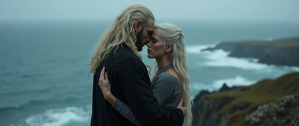 Behind shot of a Targaryen couples with long curly platinum blonde hair,both are sad and holding each other on a island cliff with smokes and fig around,Ocean in background,Dark theme, Realistic detailed image