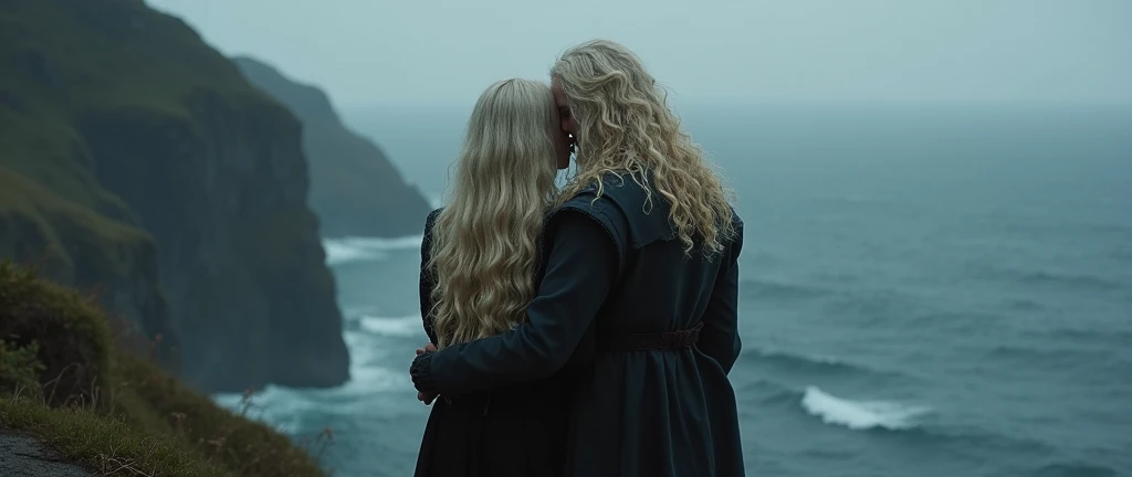Behind shot of a Targaryen couples with long curly platinum blonde hair,both are sad and holding each other on a island cliff with smokes and fig around,Ocean in background,Dark theme, Realistic detailed image
