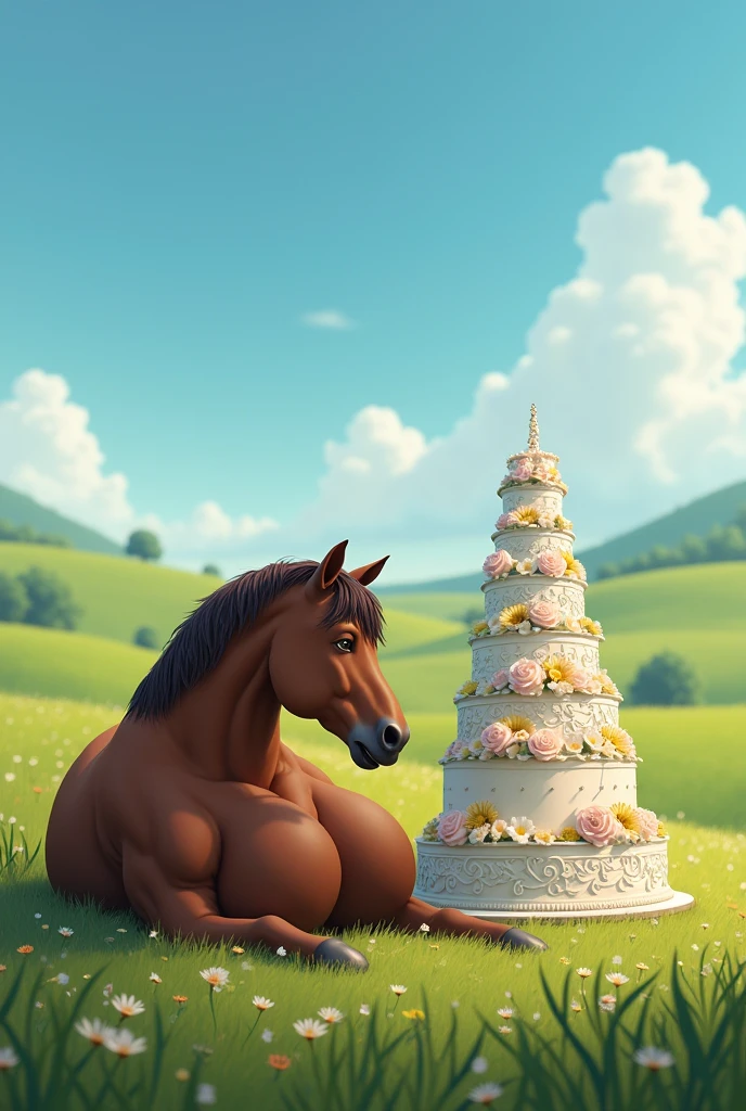  A fat brown mare pregnant with 20 foals lies lying with a wedding cake on the side of the field 