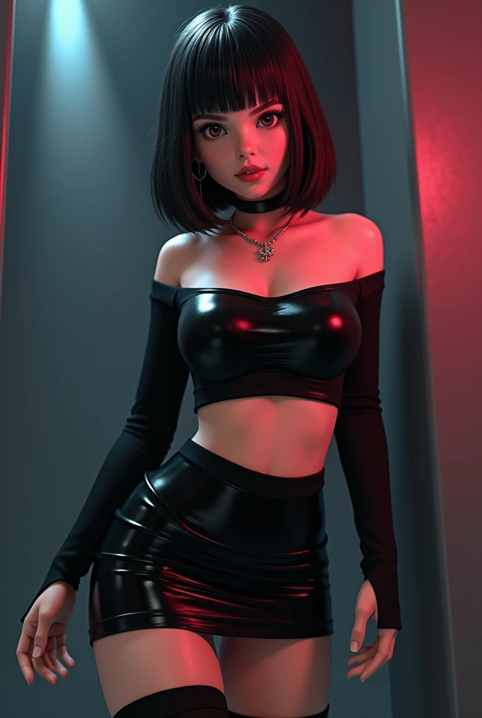 Gawr Gura, the steamer, wearing a black crop top and a black miniskirt. The crop top is fitted, exposing a moderate amount of midriff without being overly revealing. The miniskirt is tight, accentuating the hips and thighs. The outfit is paired with thigh-high black socks and a simple black choker.