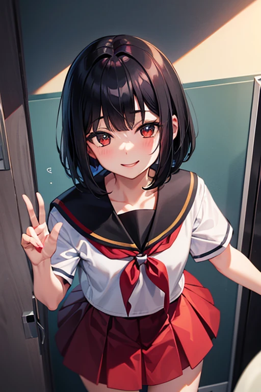 Young, elementary school student, black hair, bob hair, red skirt, school toilet, ghost story, Hanako, smile, night, fun