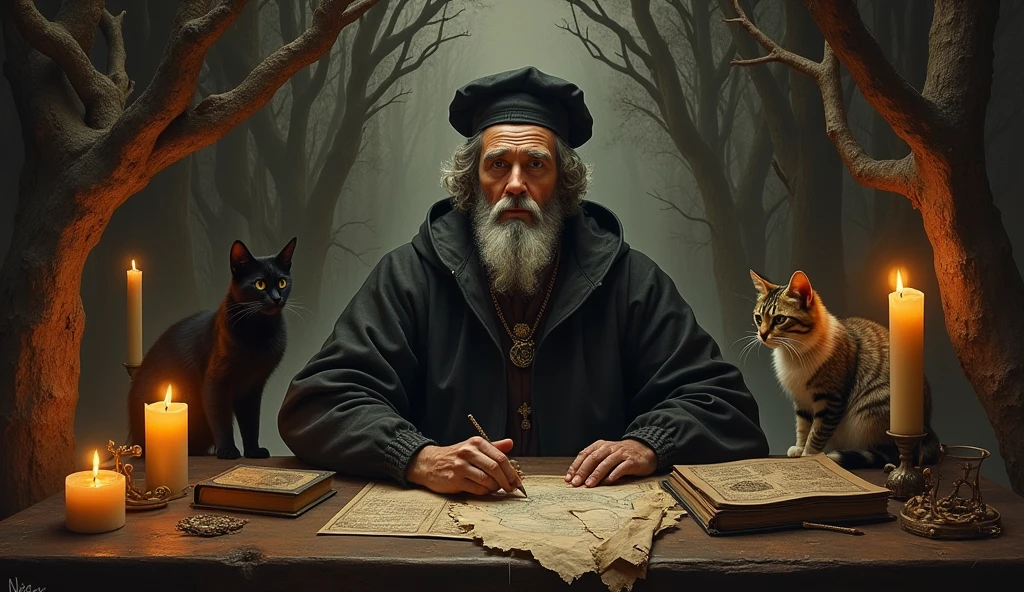 Michael Nostradamus has an oval face and a serious expression, a long beard and long dark, wavy white hair. He usually wears 16th century clothing, including a cloak or cape and a beret-type hat. His eyes are penetrating and contemplative. in a temple thinking sitting and candles with 2 cats full of dry trees and with Spiritual Diaries and with Astral Map