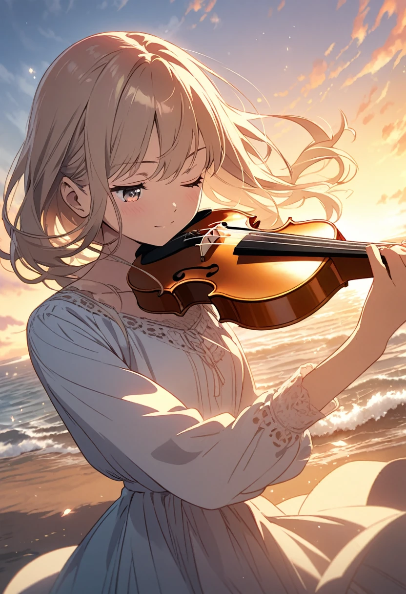 anime style, super fine illustration, highly detailed, dynamic angle, beautiful detailed, 8k, On a summer evening, a high school girl is practicing violin on the beach. BREAK She has her eyes closed, with a dreamy expression on her face. BREAK Her hair flows gracefully in the wind as the soft light of the sunset envelops her.