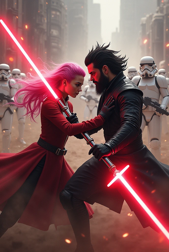 2 persons, pink haired Perona and Mihawk Dulacre with black hedgehog hairstyle and edged beard and red lightsaber that has a blade in cross shape fighting an army of Stormtroopers 
