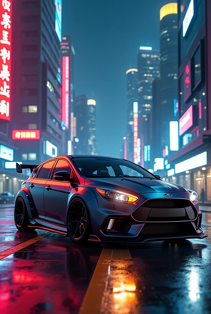 Ford focus with body kit in a night city with neon lights ready to hit the road at dawn, embodies  and power. 