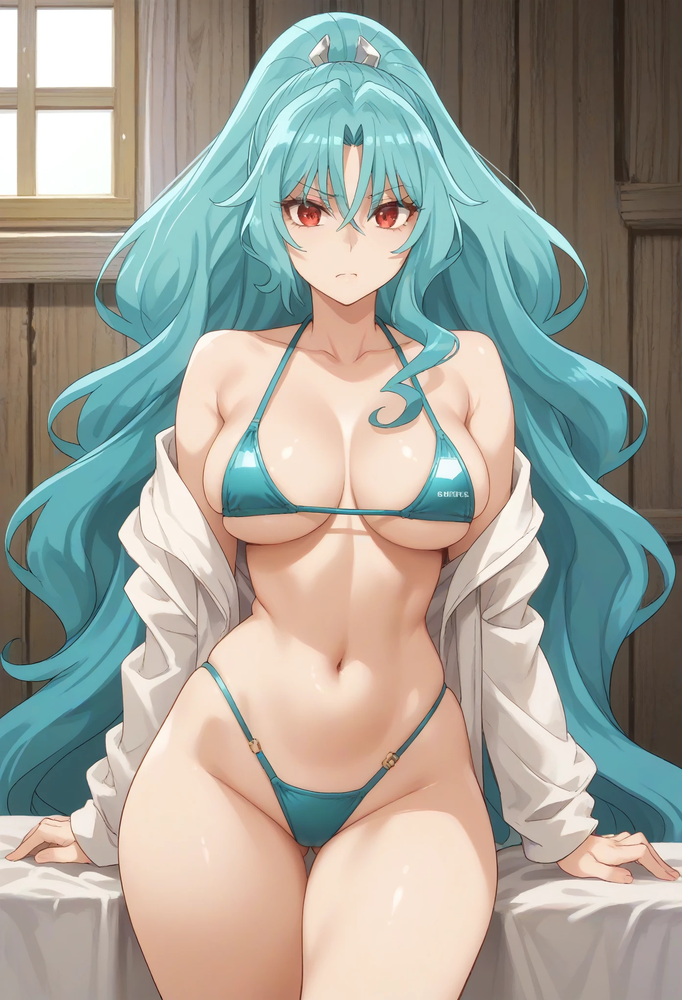 (negative_v2 Color_Balance_Calibration:0.8),long hair aqua hair ponytail red eyes,big breast,tight cloths,narrow waist,wide hips,((bikini))
