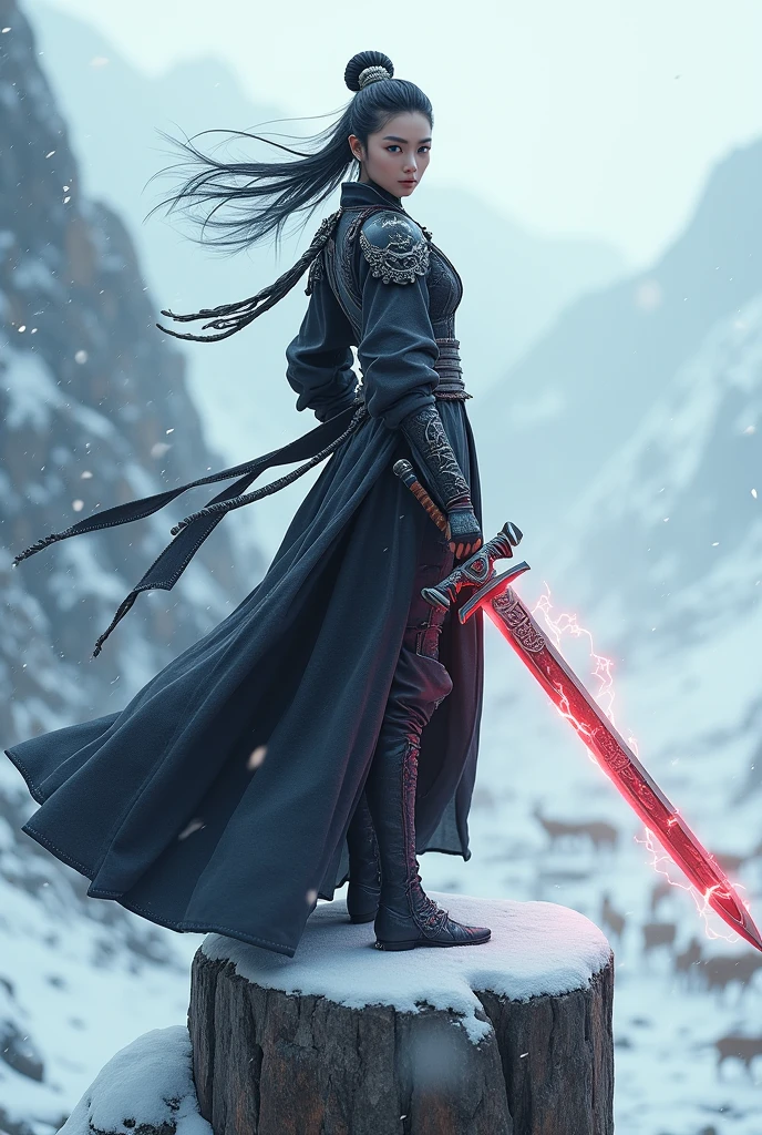 (masterpiece, best quality, beauty, best ratio, best shadows,best Illustration, wallpaper size,1080×2400 pixels) 
uhd, china female kungfu, korean beauty like tae yon, dancing, full posture fully visible, shining blue eyes, windblown hair, wear black mate full general armory with elegant swans emblem, hand holding a sword emits red energy, on top of the snowing pillar. morning sky snowing mountain,deer seen on far away. use the RenderMan renderer.digital art. High definition, high contrast,high color saturation,128k,cinematic lighting, intricate,cinematic advertising photograph,cinema lens,high res.
