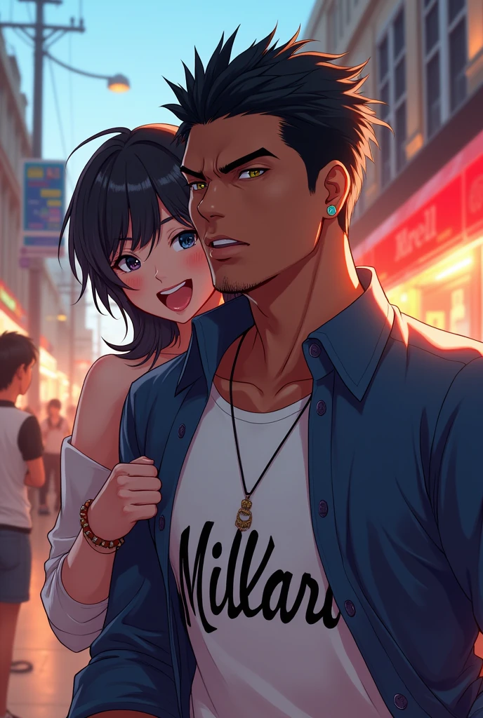 Anime hot boy with the word Millard on shirt who is next to a girl and he's black