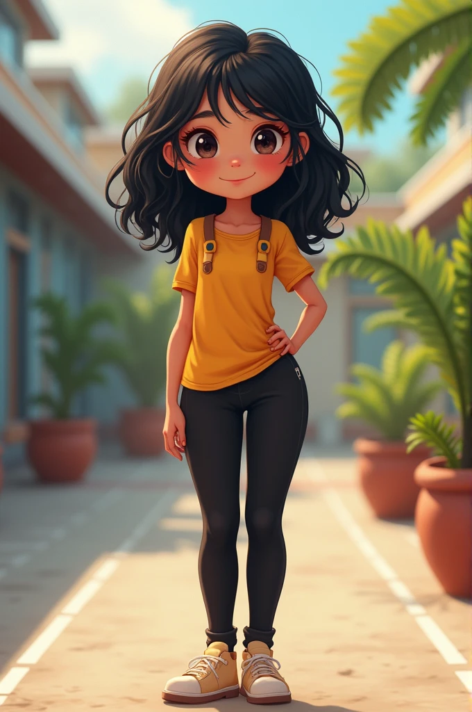 A cute ???,cute face,black and wavy hair,athletic body,nice and slightly thick thighs,big ass for her age,wearing black terrycloth leggings,blusa baby look,at school in the courtyard
