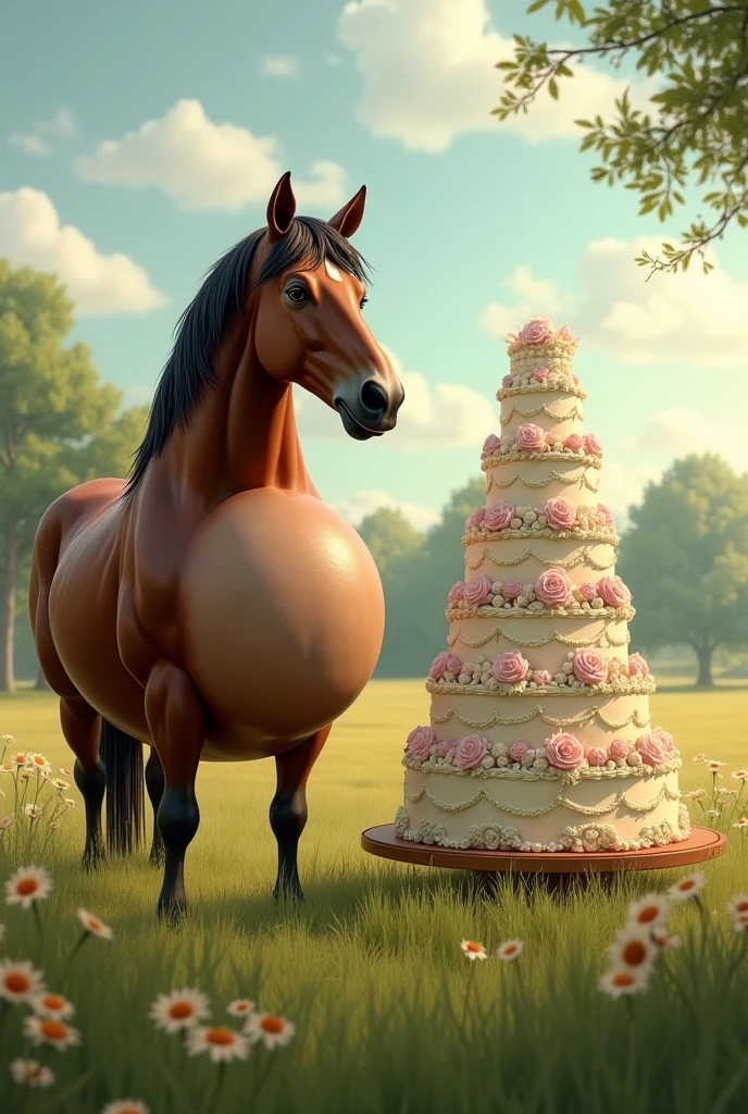 A fat brown mare pregnant with 20 foals stands with a wedding cake on the side of the field