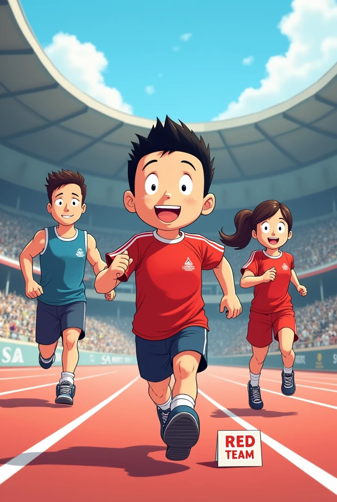 3 men 1 woman cartoon Nobita wearing a red sports shirt in the running area and there is a written sign (RED TEAM)