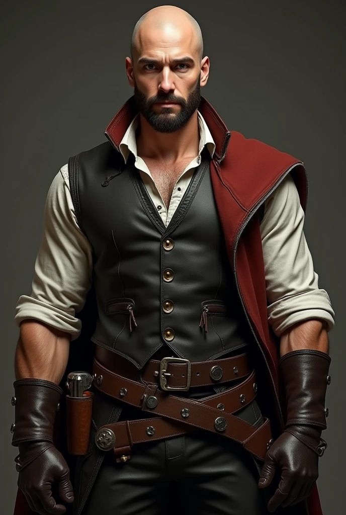 (photorealism:1.2), ((full body)) young attractive bald man, european, fit body, white skin, black short beard, brown eyes, gunslinger outfit, leather gloves