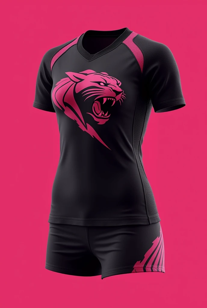 Volleyball uniform in dark pink and black colors with minimalist panther design