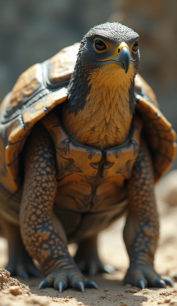 Create a hyper-realistic image of a hybrid animal with the head of a falcon and the body of a tortoise. The falcon’s sharp eyes and beak should merge with the tortoise’s shell and legs and body