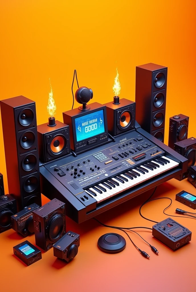 That it has new sound written on it that looks realistic and that the background is light orange and with speakers on all sides and with screens, radios and flames of fire