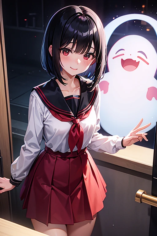 Young, elementary school student, black hair, bob hair, white blouse, red skirt, school toilet, ghost story, Hanako, smile, night, fun