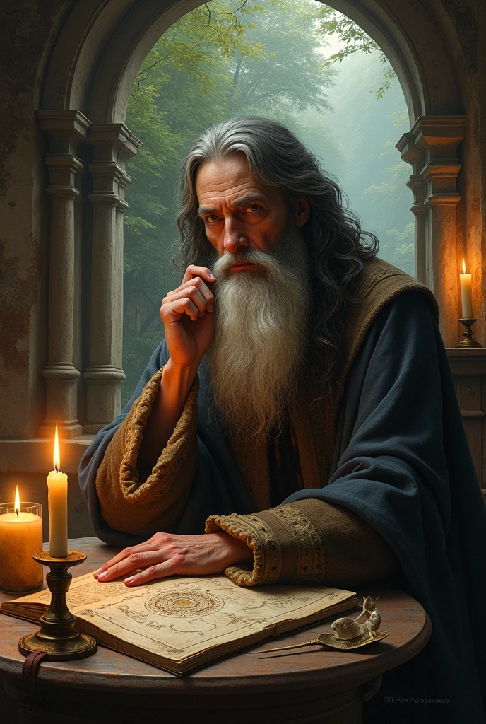 Michael Nostradamus has an oval face and a serious expression, a long beard and long dark, wavy white hair. He usually wears 16th century clothing, including a cloak or cape and a beret-type hat. His eyes are penetrating and contemplative. in a temple thinking sitting and candles with 2 cats full of trees on the street and with Spiritual Diaries and with Astral Map