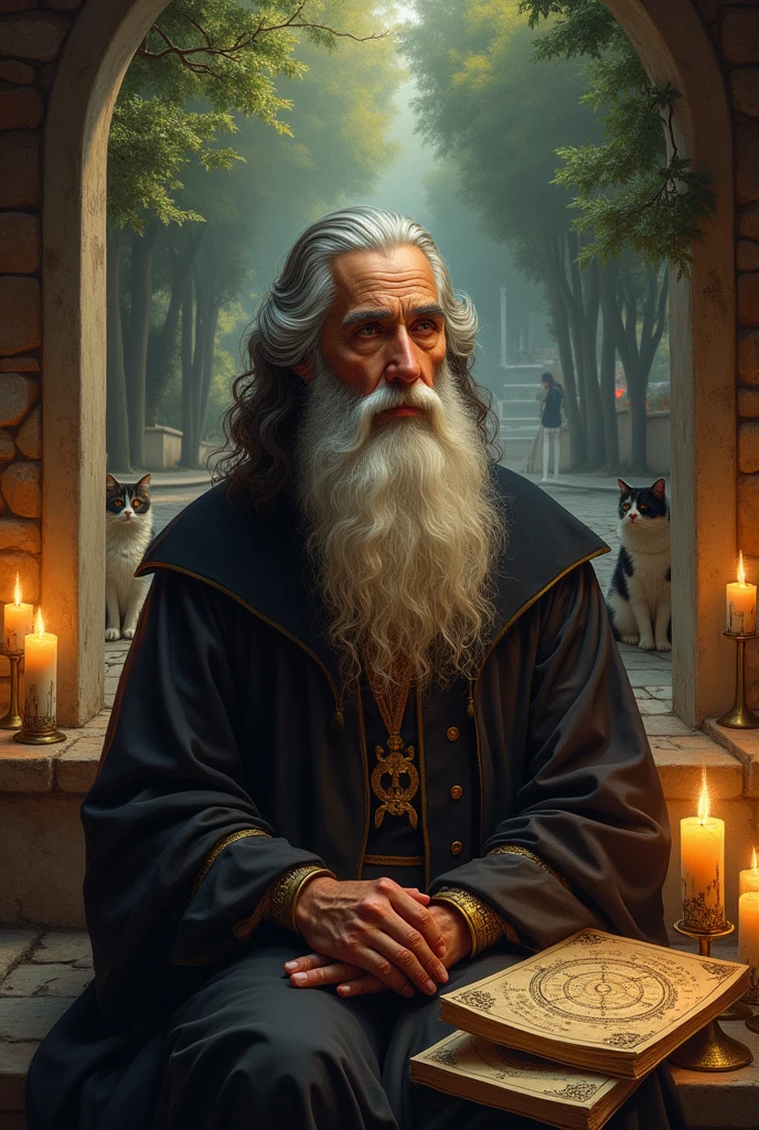 Michael Nostradamus has an oval face and a serious expression, a long beard and long dark, wavy white hair. He usually wears 16th century clothing, including a cloak or cape and a beret-type hat. His eyes are penetrating and contemplative. in a temple thinking sitting and candles with 2 cats full of trees on the street and with Spiritual Diaries and with Astral Map