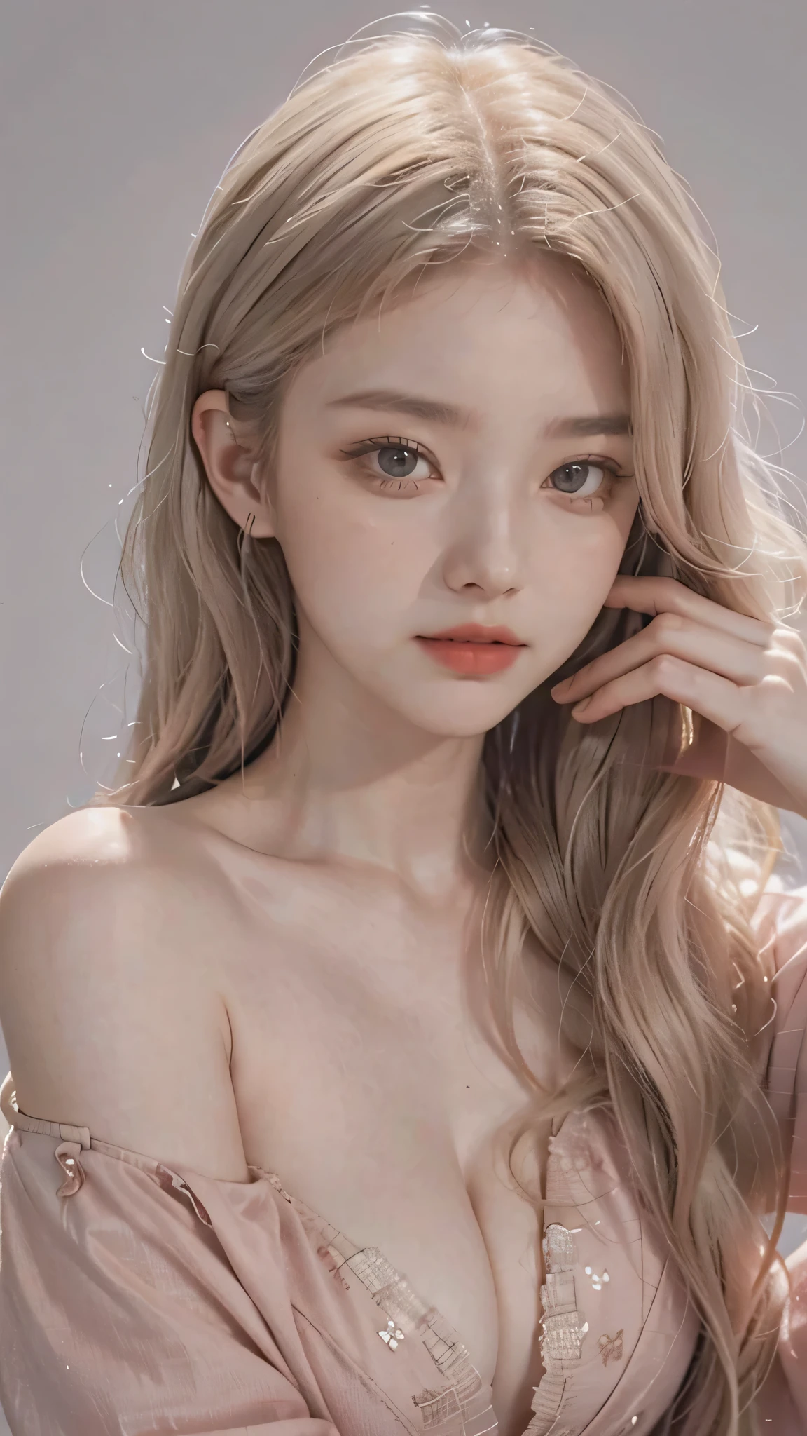 Girl wearing, luxury pink coat, shoulder length hair, wavy hair, glowing skin, star in eye, red lips, grey background, cute poses , upper body, light blonde hair