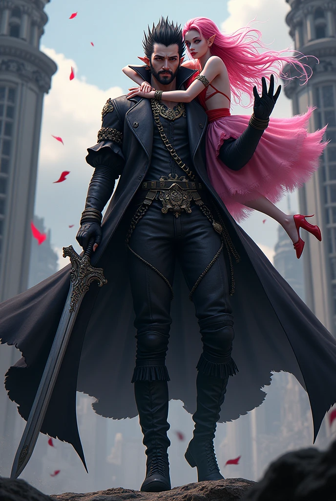 2 persons, Mihawk Dulacre with black hedgehog hairstyle and edged beard carrying pink haired Perona on his shoulder