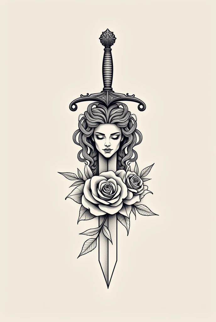 simple linework tattoo with no shading of medusa on top of a sword with roses around it