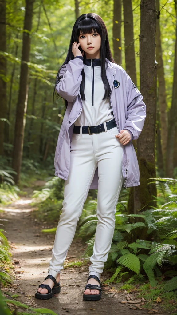 A young woman cosplaying an anime character Hinata from Naruto Shippuden, long black hair with bangs, piercing white eyes with faint pupils, light purple jacket with white details, black pants, ninja sandals, confident pose, Japanese-style forest setting, falling leaves, (best quality,4k,8k,highres,masterpiece:1.2),ultra-detailed,(realistic,photorealistic,photo-realistic:1.37),detailed portrait, highly detailed face, intricate clothing, dynamic pose, lush forest background, natural lighting, vibrant colors, cinematic composition