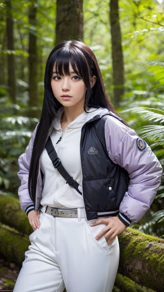 A young woman cosplaying an anime character Hinata from Naruto Shippuden, long black hair with bangs, piercing white eyes with faint pupils, light purple jacket with white details, black pants, ninja sandals, confident pose, Japanese-style forest setting, falling leaves, (best quality,4k,8k,highres,masterpiece:1.2),ultra-detailed,(realistic,photorealistic,photo-realistic:1.37),detailed portrait, highly detailed face, intricate clothing, dynamic pose, lush forest background, natural lighting, vibrant colors, cinematic composition