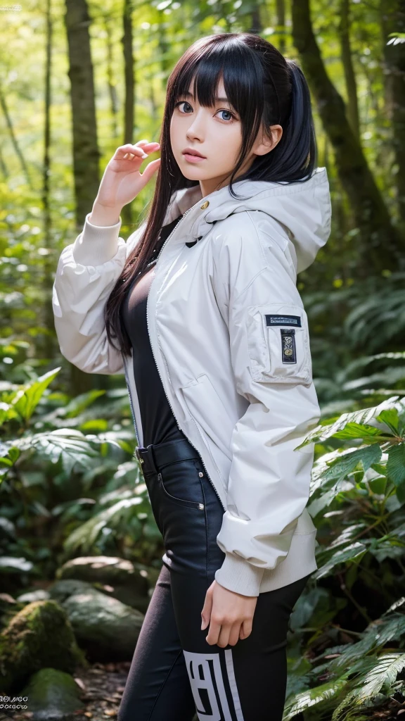 A young woman cosplaying an anime character Hinata from Naruto Shippuden, long black hair with bangs, piercing white eyes with faint pupils, light purple jacket with white details, black pants, ninja sandals, confident pose, Japanese-style forest setting, falling leaves, (best quality,4k,8k,highres,masterpiece:1.2),ultra-detailed,(realistic,photorealistic,photo-realistic:1.37),detailed portrait, highly detailed face, intricate clothing, dynamic pose, lush forest background, natural lighting, vibrant colors, cinematic composition