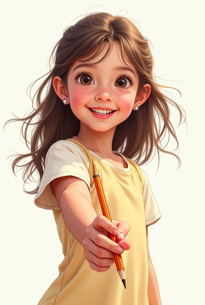 Dynamic 2d drawing of a girl offering a pencil 