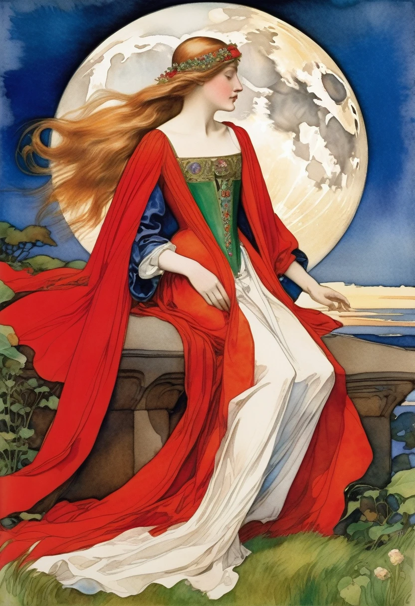 Lady in red, fairytale full moon ((style Eleanor Fortescue-Brickdale)), ((Watercolor painting)), Very colorful, highest detail, ((masterpiece)), Complex Key, ((single shot)), impression, highest detail, perspective, 8k