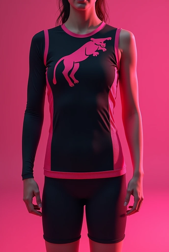 Volleyball uniform in dark pink and black colors with minimalist panther design 