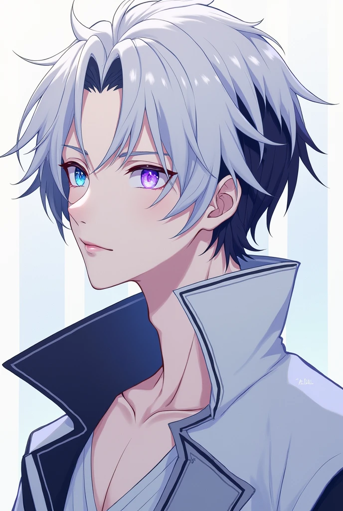 Can you create me a handsome anime boy with white hair with black tips and snow-white skin and light blue eyes with purple and that is in different positions from front to back and in profile?