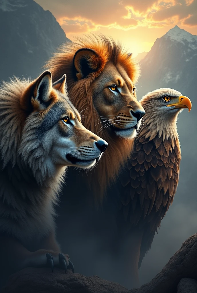 Image Description:
fund: The background can be a dramatic natural environment, like a mountainous landscape or a sunrise landscape, to highlight the majesty of the animals. Use deep, contrasting colors, such as shades of dark blue, gray and gold, to create an imposing environment.
wolves: Position the wolf's head to the left of the image. He must have a proud and confident posture, with head held high and gaze intense. Its fur can be represented in shades of dark gray and white., with a slight shine to highlight its grandeur.
Lion: Place a lion's head in the center, which is the main focus of the image. The lion must be in a majestic pose, with a voluminous and well-detailed mane. Use shades of gold and orange to emphasize the lion's royalty and strength..
Eagle: The head of an eagle should be positioned to the right. The eagle's gaze must be penetrating and steady, with detailed feathers in shades of brown and white, to convey a sense of surveillance and power.
Additional Detail:
Lighting: Use dramatic lighting to highlight each animal, creating shadows and lights that accentuate its features and imposing presence.
Composition: Ensure that the composition of the image creates a visual balance between the three animals., with the lion in the center serving as the focal point. The other animals should be arranged in such a way as to complement and reinforce the centrality of the lion..
This description should help create an image that conveys respect and grandeur., capturing the essence of each animal in a majestic and impactful way.