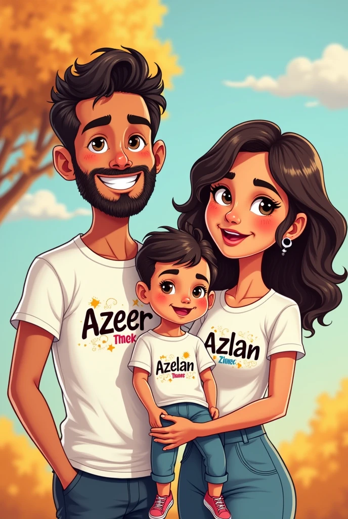 My wife and son my self with our names in any design of t shirts In cartoon pattern my son is 1 year, name should be my name Azeer wife name Azeeza son name Azlan, Azeer is my name my wife name is Azeeza my son name is Azlan