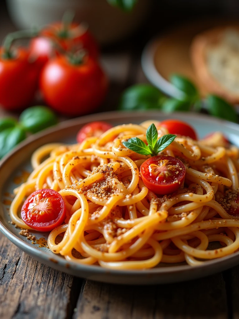photo of pasta on a kitchen table, tomato