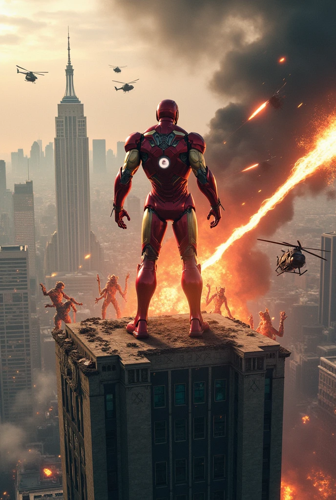 A fierce battle between Iron Man and the aliens on top of the building. Some helicopters are also firing at the aliens. It looks like Iron Man is going to win the battle with the aliens and he is beating the aliens badly.