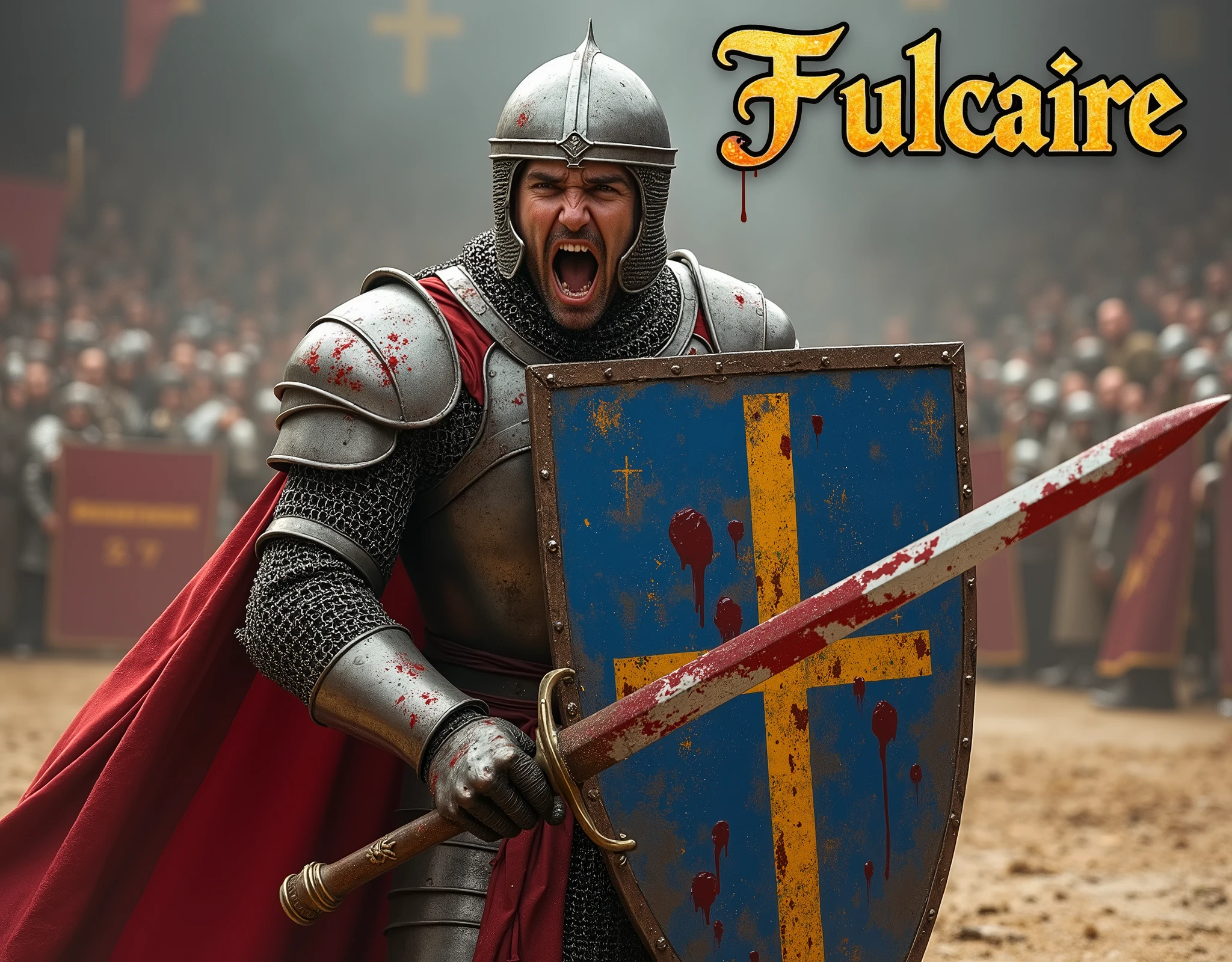 A poster depicting a pikeman brandishing a bloody steel sword, and carrying a shield blue and red shield with thin vertical yellow sword painted upwards coat of arms, damaged by fighting. (He's in a medieval arena, with the words "Fulcaire" written in large golden letters in the foreground). (medieval battered chain mail, helmet, gloves, very battle-damaged). He has white skin and scars on his face. shouting, covered by bloods.