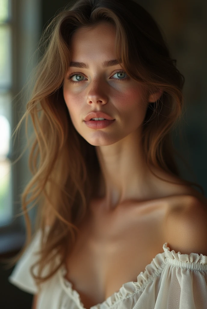 fot, taken from a distance seen full length, Female model, She is very young, plein-air, in a ballroom, sexly, new, medium hips, Caucasian skin, sad for a lost love, long brown hair, a softened wry smile - contained excitement, Soft lighting on your face, realistic skin-clothes-hair textures, sky blue eyes carpeted mist, beautiful real textures and delicate aesthetics, full body view, dancing in the hall, notable for natural feminine beauty, noise, 8 k quality, FOTO RAW, by professional photographer, rule of thirds, Extremely Detailed
