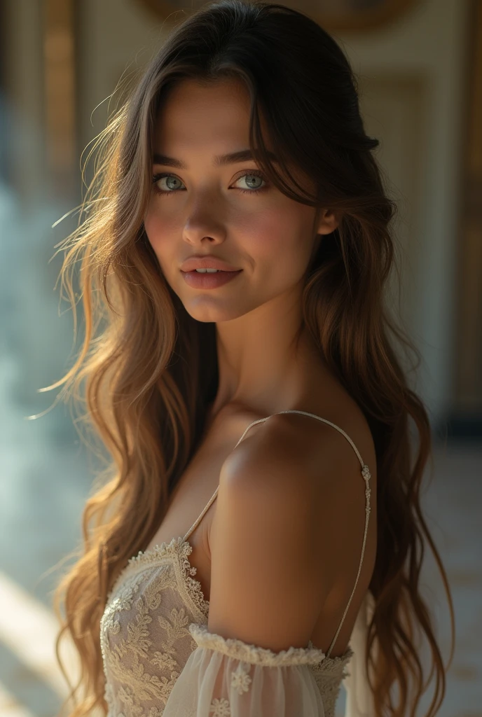 fot, taken from a distance seen full length, Female model, She is very young, plein-air, in a ballroom, sexly, new, medium hips, Caucasian skin, sad for a lost love, long brown hair, a softened wry smile - contained excitement, Soft lighting on your face, realistic skin-clothes-hair textures, sky blue eyes carpeted mist, beautiful real textures and delicate aesthetics, full body view, dancing in the hall, notable for natural feminine beauty, noise, 8 k quality, FOTO RAW, by professional photographer, rule of thirds, Extremely Detailed