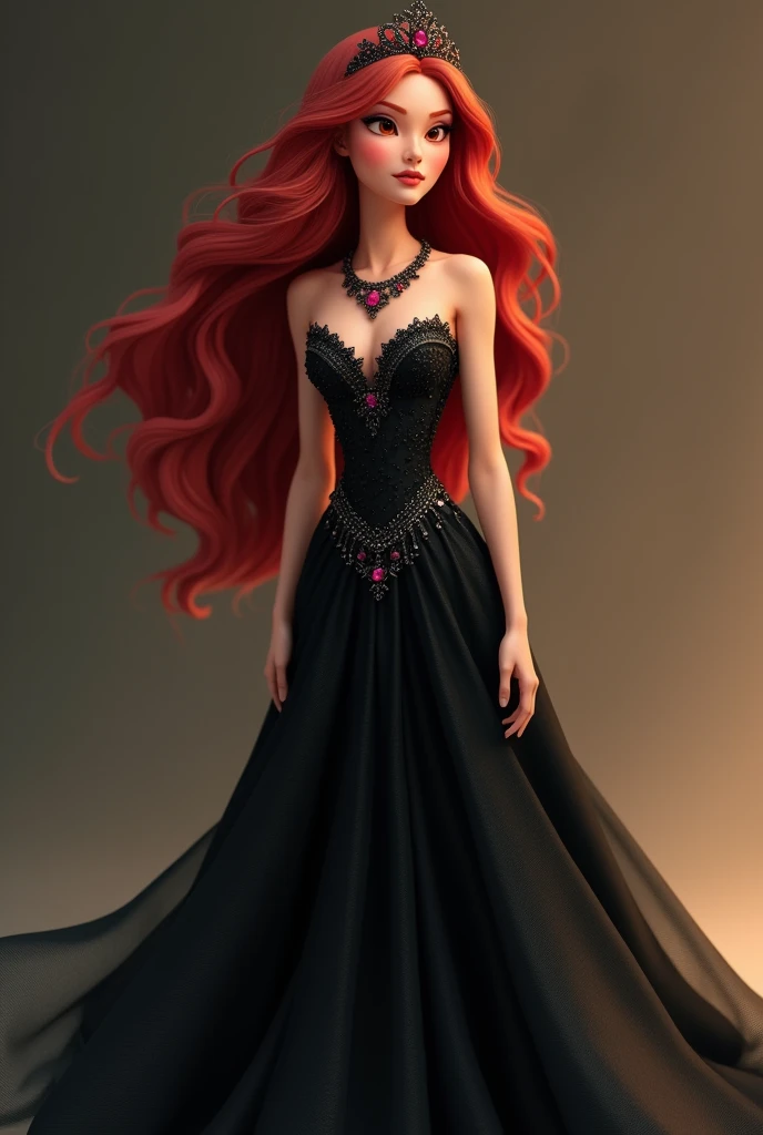 One princess, red eyed, Red-hair, with a small crown with ruby diamonds and a long black fabric dress with a black diamond necklace and matching heels