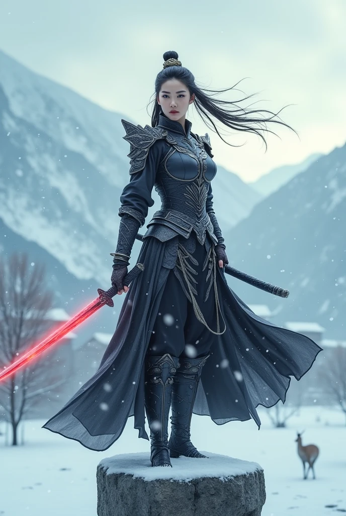 (masterpiece, best quality, beauty, best ratio, best shadows,best Illustration, wallpaper size,1080×2400 pixels)
uhd, china female kungfu, korean beauty like tae yon, dancing, full posture fully visible, shining blue eyes, windblown hair, wear black mate full general armory with elegant swans emblem, hand holding a sword emits red energy, on top of the snowing pillar. morning sky snowing mountain, snow deer seen on far away. use the RenderMan renderer.digital art. High definition, high contrast,high color saturation,128k,cinematic lighting, intricate,cinematic advertising photograph,cinema lens,high res.
