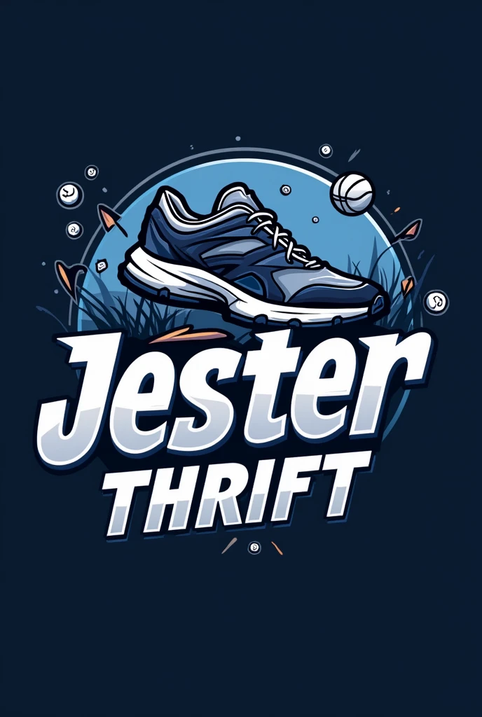 "Design a modern and dynamic store logo for a team named 'Jester Thrift'. The logo should feature a Sneaker theme, with a bold and energetic design. Include elements like a Sneaker, ball, or stumps subtly integrated into the design. The color scheme should be a mix of dark blue, silver, and white to convey power and agility. The team name 'Jester Thrifr ' should be prominently displayed in a stylish, sporty font. The overall look should be sharp, professional, and suitable for a hoodie and merchandise."