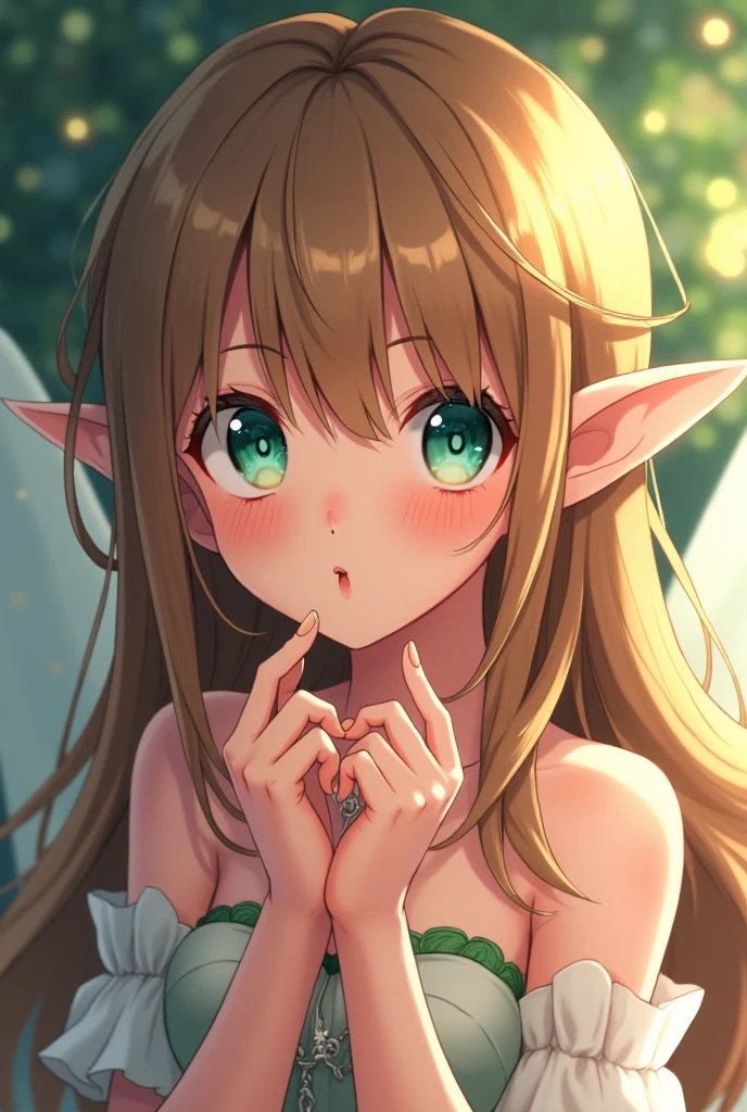 A not so realistic drawn cute and slightly sexy anime elf or fairy that is sending a kiss, with brown and golden long hair and blue and green eyes, without a backround, in anime style drawn: without much lightning and sharper edgesof colors