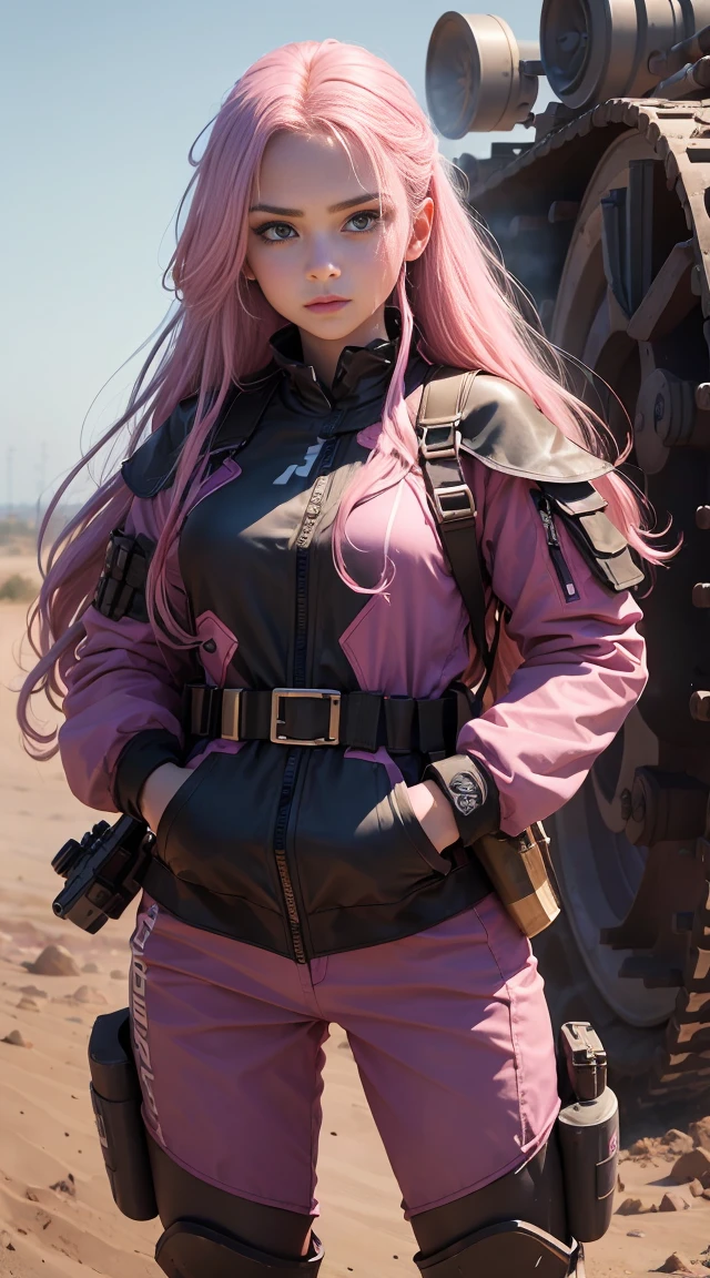 (best qualityer) (high resolution) (realisitic) 1 girl with straight hair, and flowing waves in pink, vibrant colors detailed eyes and face. a rifle in his hand and facing the viewer with a penetrating and deep gaze.She is in front of a war tank with tracked wheels and pink details. focus on the details of the tank, and put on a long futuristic warrior jumpsuit