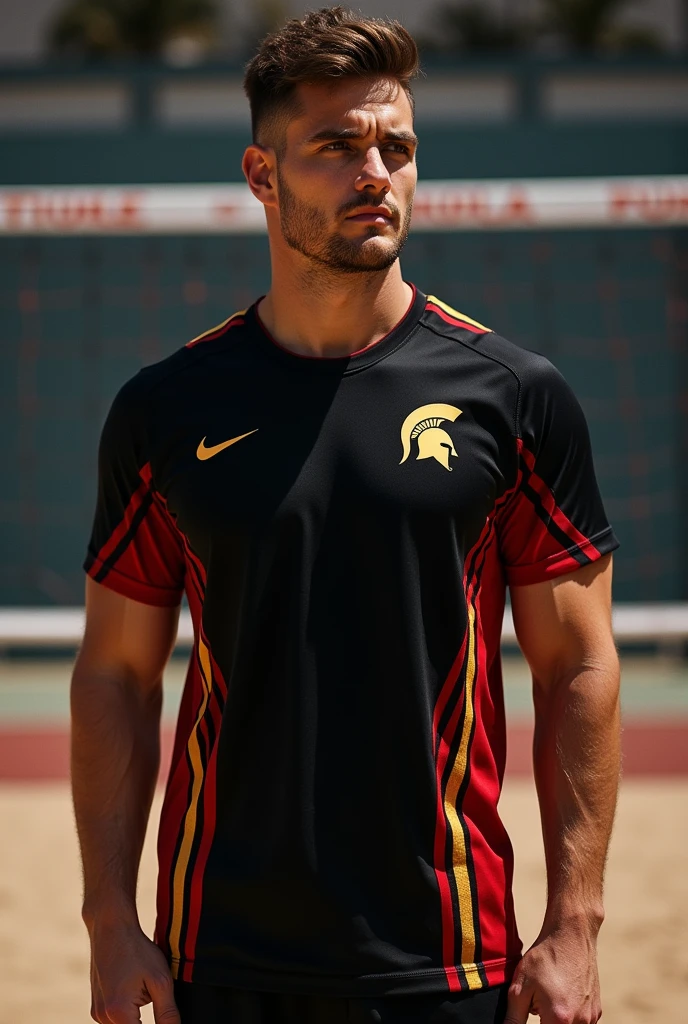 Black volleyball shirt with red and gold details on the side with a Spartan symbol on the left side of the chest with a volleyball